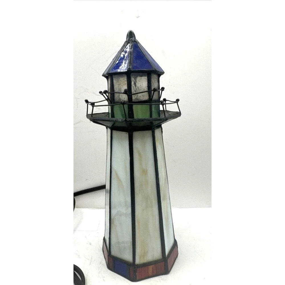 Tiffany Style Stained Slag Glass Lighthouse Accent Lamp Beach Shore WORKS